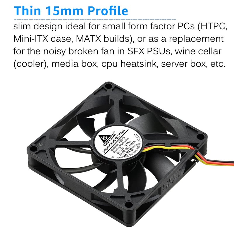 GDSTIME 80mm 12Volt Fans, 80mm x 80mm x 15mm 8015 3PIN DC Brushless Cooling Fan - Image 2